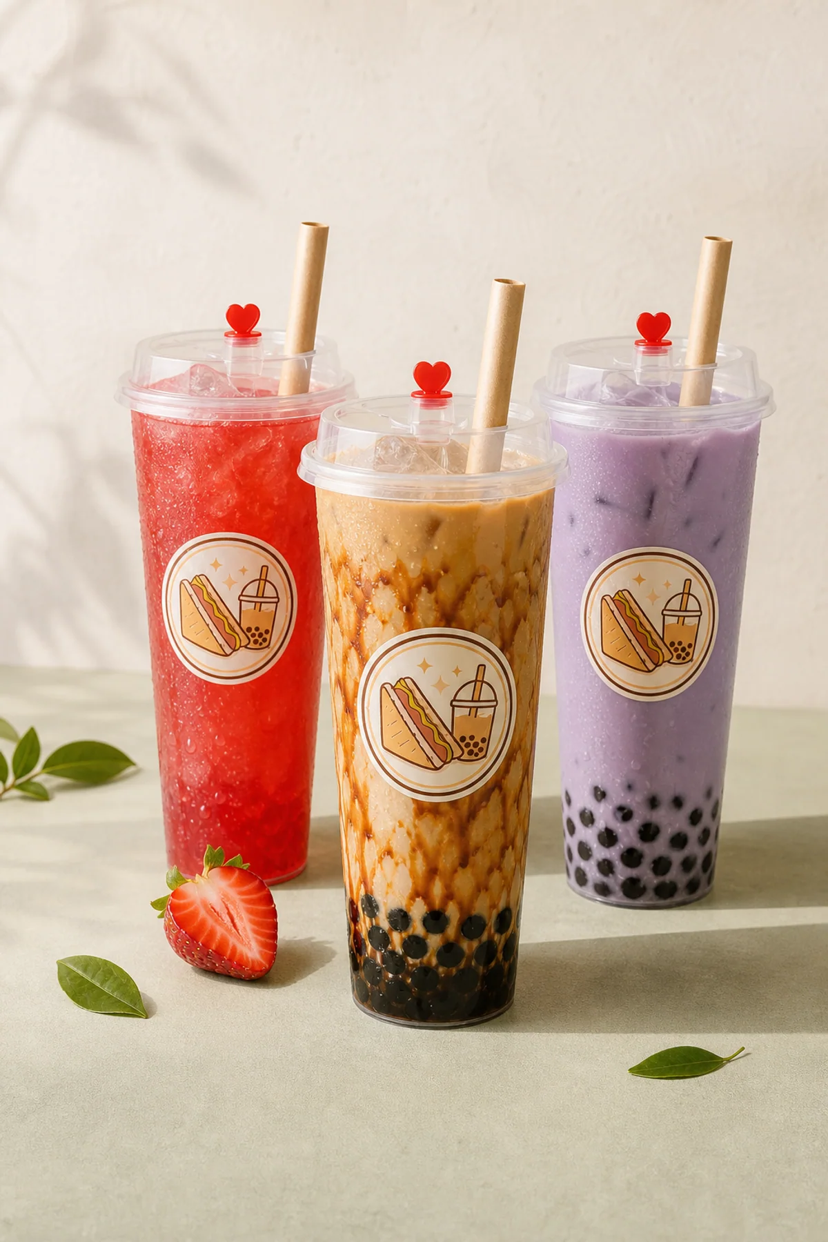 Trois bubble teas Sando Tea House en cups de 600 ml avec couvercle cœur