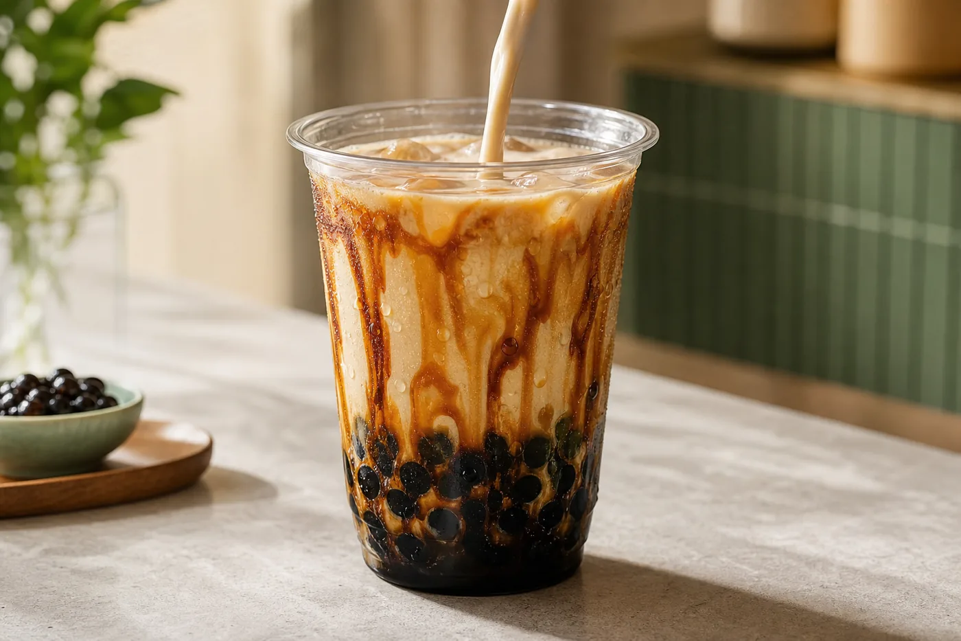 Bubble tea Brown Sugar avec stries de sucre brun et perles de tapioca