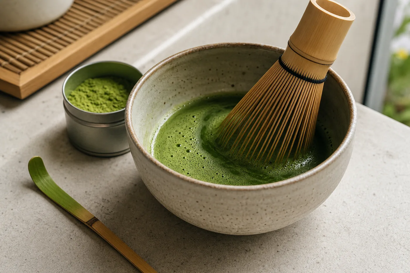 Matcha de grade cérémonie monté en mousse fine sur un latte glacé