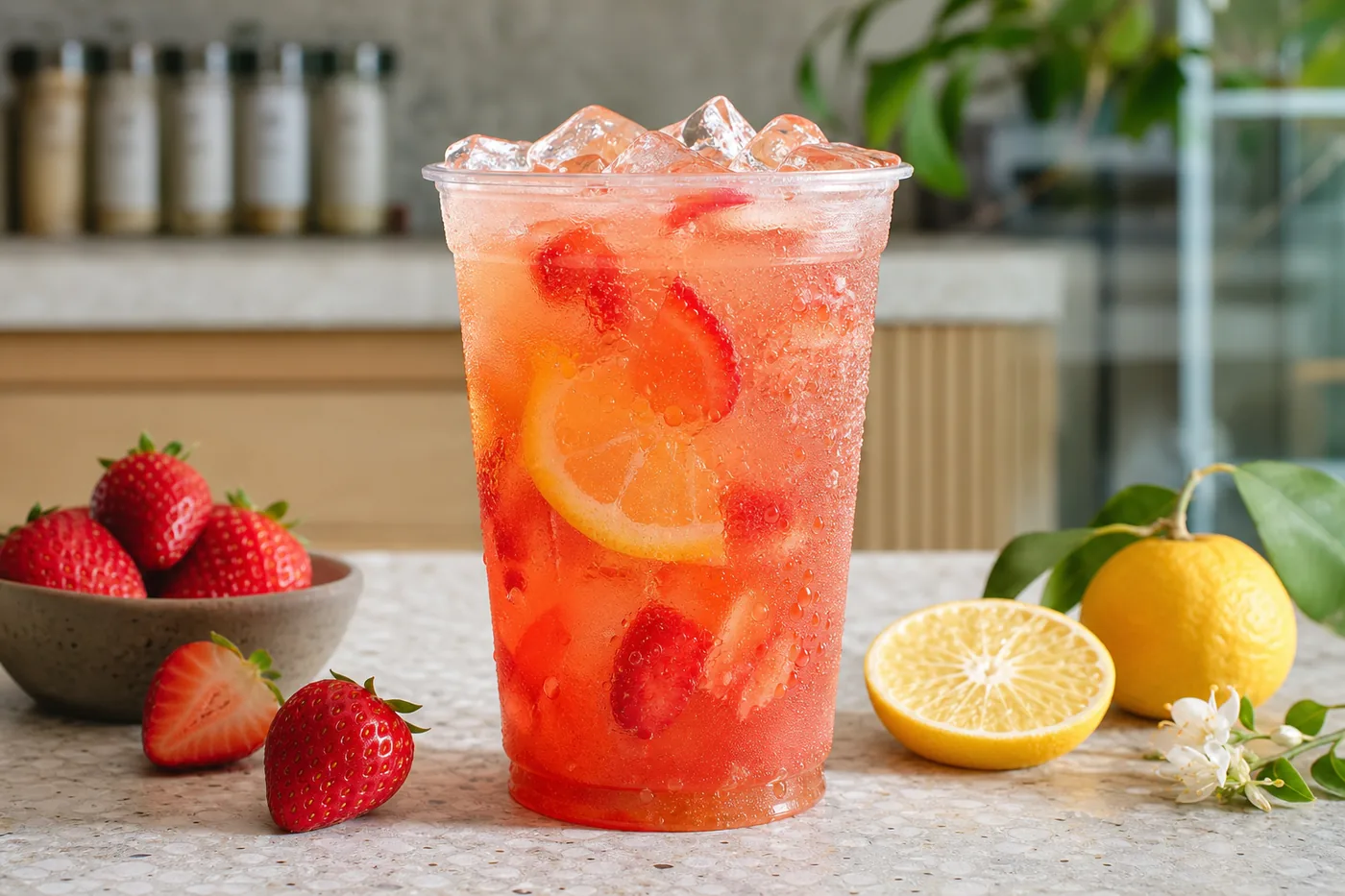 Refresher Ananas Passion avec fruits, glaçons et condensation